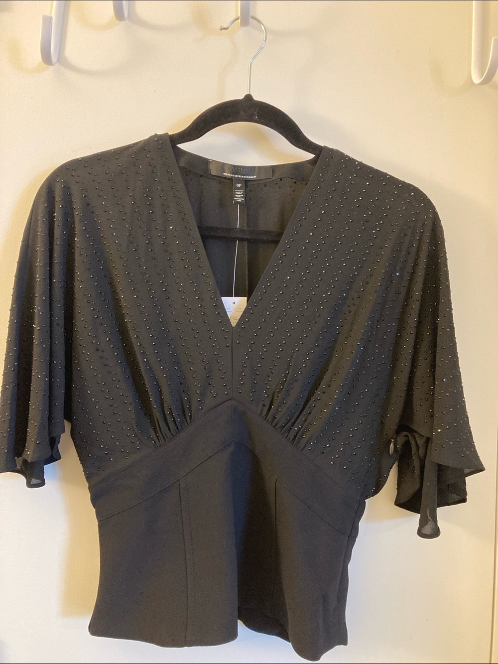 NWT White House Black Market Petite Heatset Corset Cape Sleeve Blouse, size 0P